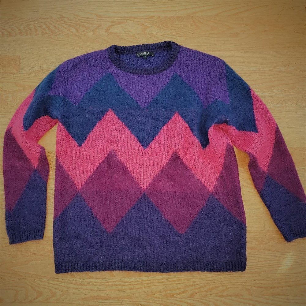 Gemelli Italy Mohair Blend Chevron Colorblock Sweater Size Small Colorful‎ Cozy
